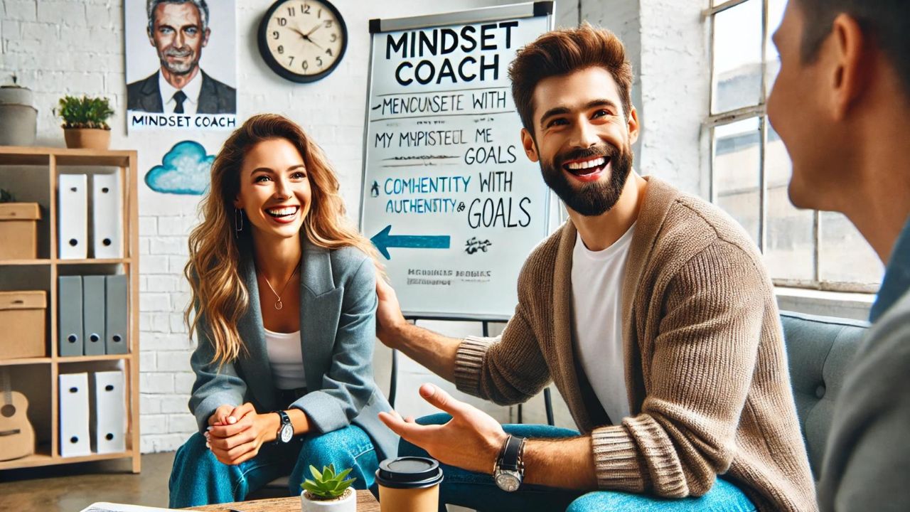 ein-Mann-und-eine Frau-sitzen-vor-einer weißen-Tafel-erfolgsfaktoren-als-mindset-coach