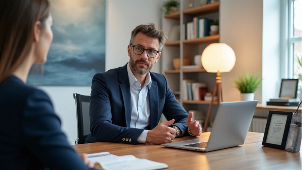 Beratungsgespräch in modernem Büro- Selbstständig als Coach